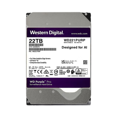WD221PURP西數(shù)22TB SATA Purple PRO監(jiān)控AI錄像機(jī)硬盤